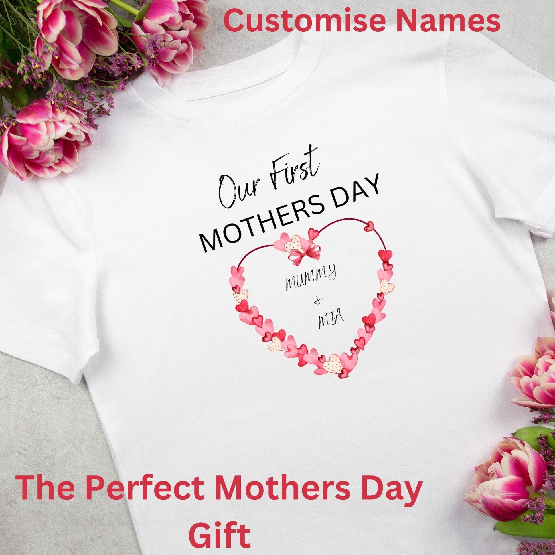 Personalised Our First Mothers Day for Mum and Baby T-Shirt With Red Heart Design