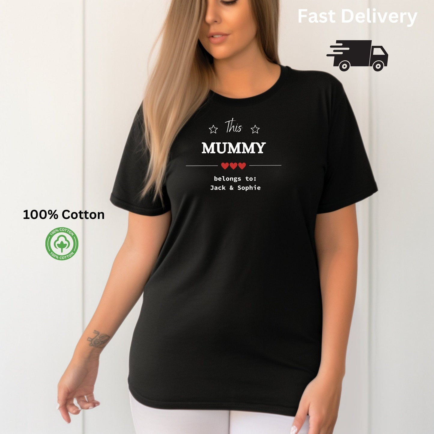 Personalised This Mummy Belongs To T-Shirt Red Heart Design With Custom Kids Names