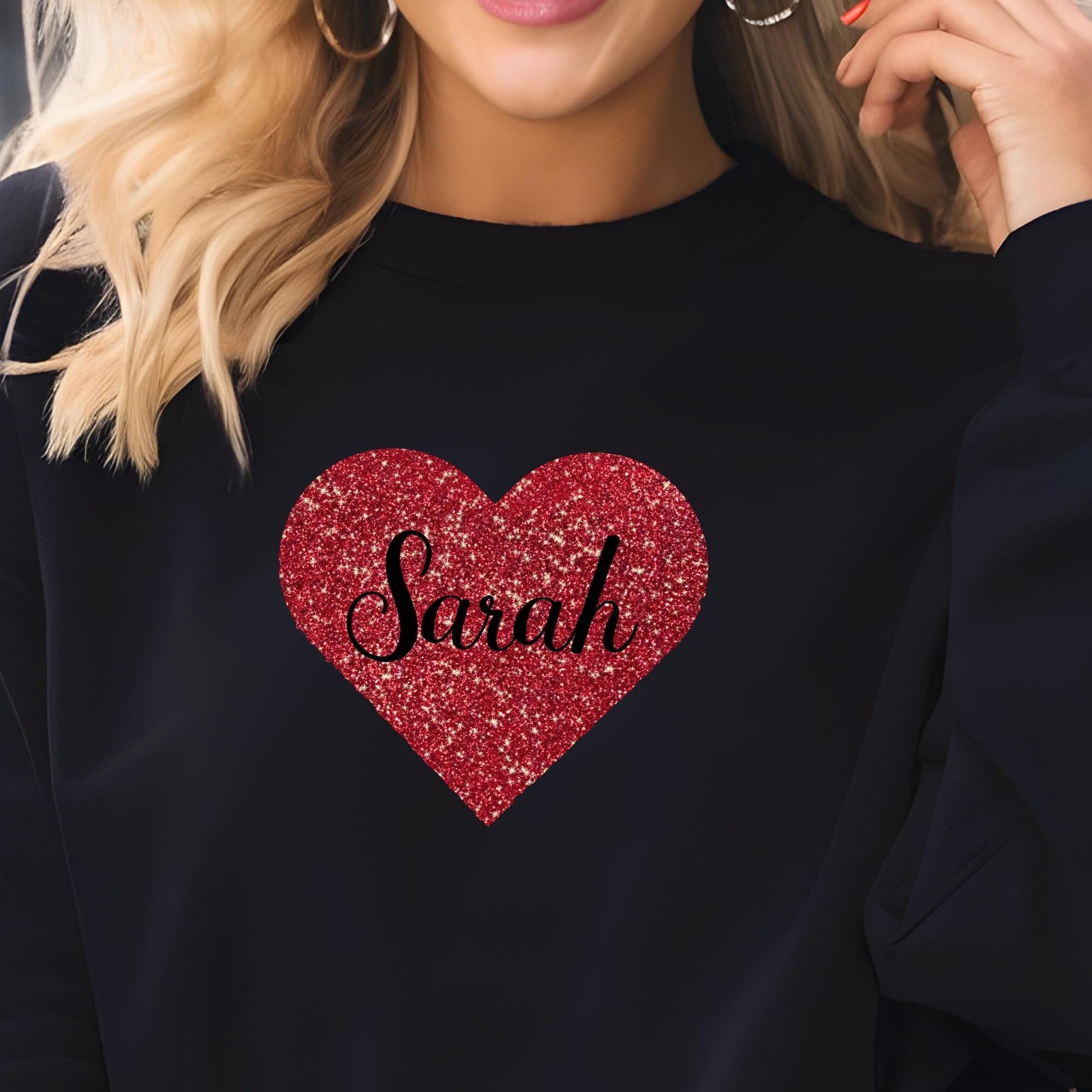 Personalised Women's Red Glitter Heart Sweatshirt, Custom Name Valentine's Sweater, Valentine's Day Heart Shirt, Love Sweatshirt Gift