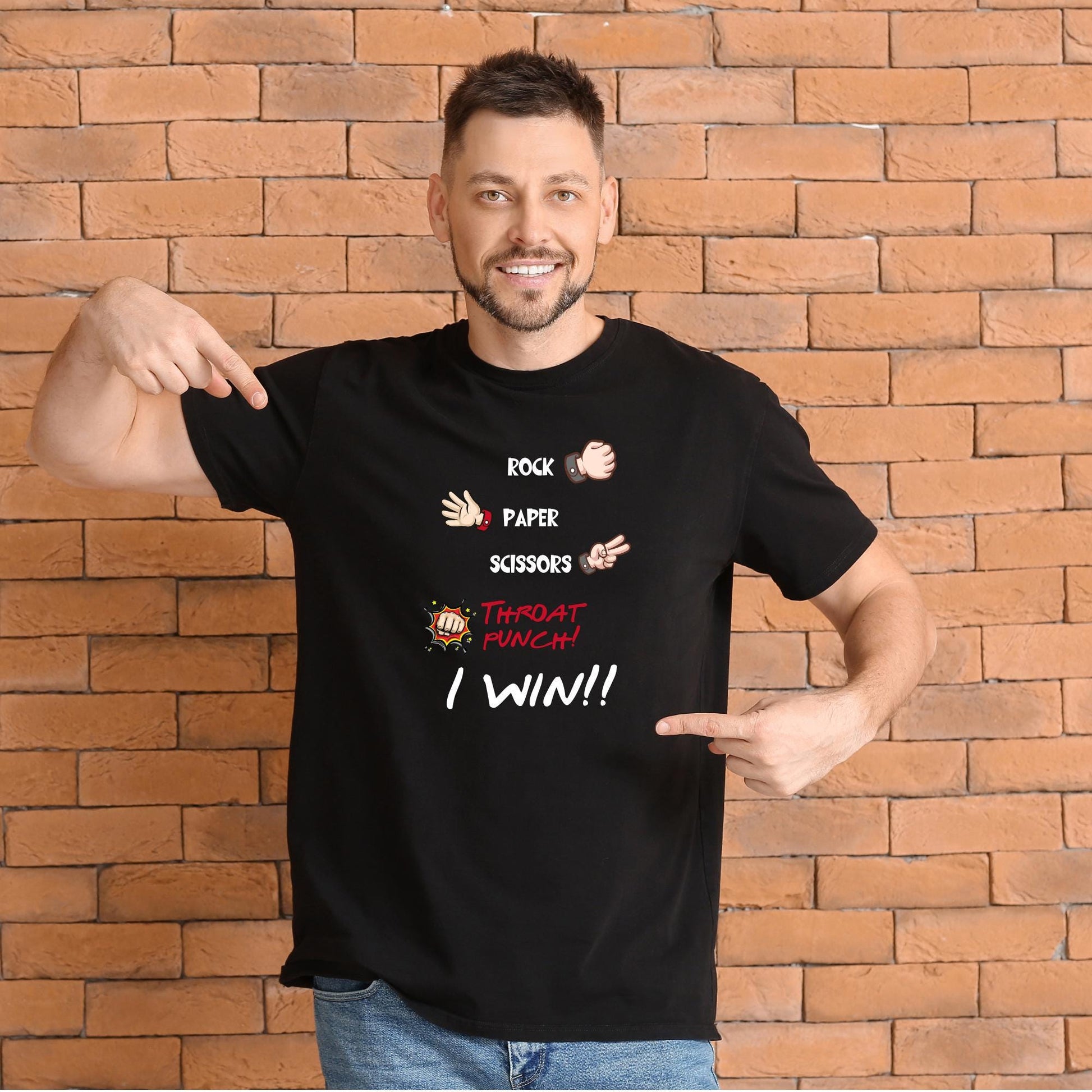 Rock Paper Scissors Throat Punch 'I Win' T-Shirt – Funny Unisex Tee for Secret Santa, Stocking Stuffer, and Hand Game Lovers!