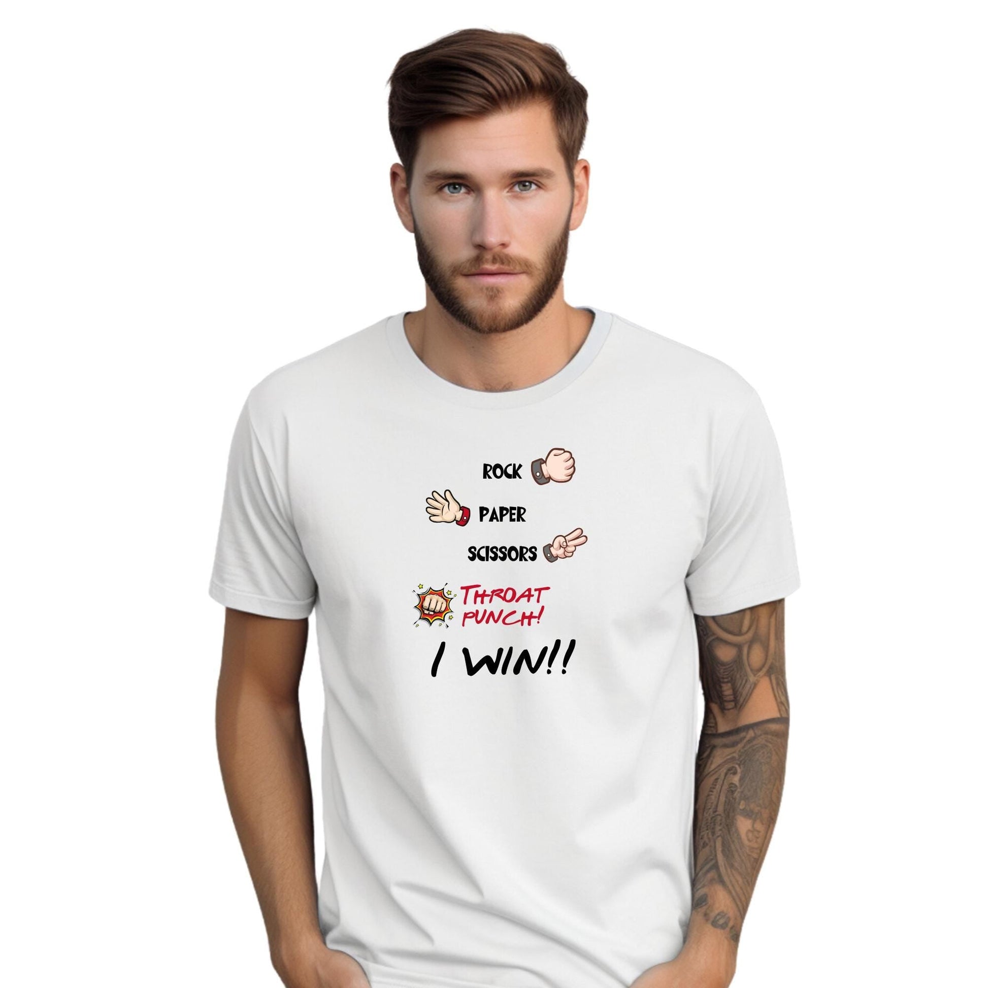 Rock Paper Scissors Throat Punch 'I Win' T-Shirt – Funny Unisex Tee for Secret Santa, Stocking Stuffer, and Hand Game Lovers!