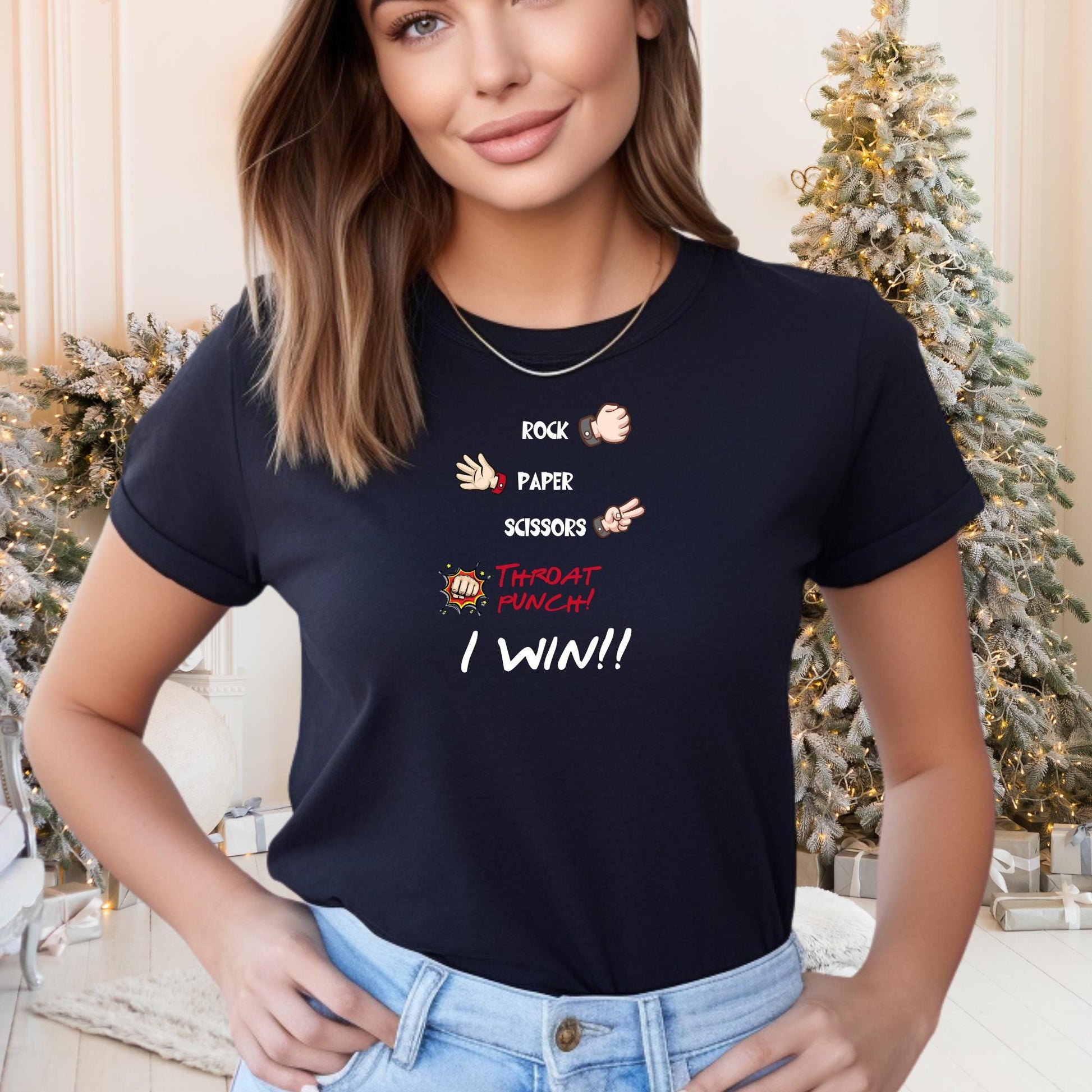 Rock Paper Scissors Throat Punch 'I Win' T-Shirt – Funny Unisex Tee for Secret Santa, Stocking Stuffer, and Hand Game Lovers!