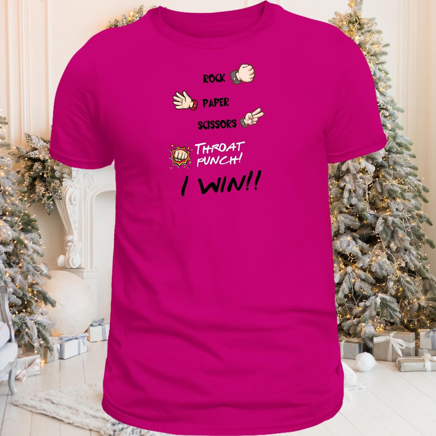 Rock Paper Scissors Throat Punch 'I Win' T-Shirt – Funny Unisex Tee for Secret Santa, Stocking Stuffer, and Hand Game Lovers!